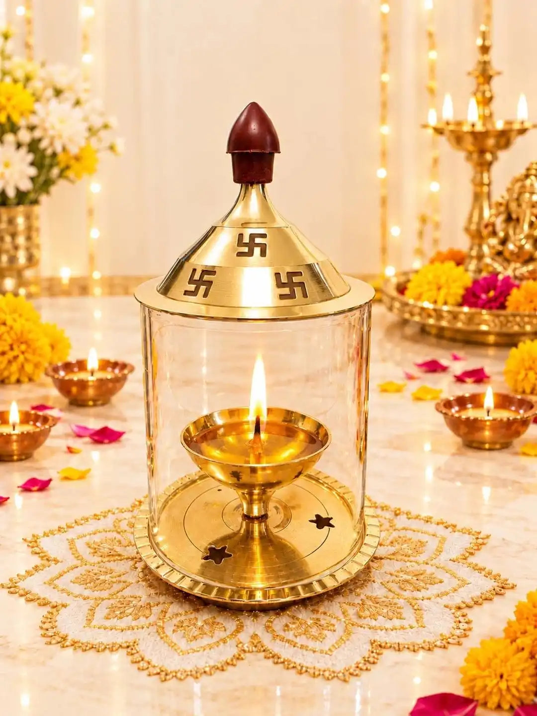 Brass and Glass Akhand Deep Diya with Cover for Puja | Deepam Jyot Diya Oil Lamp