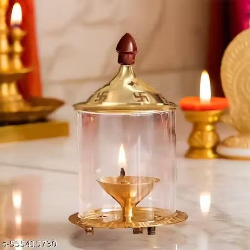 Brass and Glass Akhand Deep Diya with Cover for Puja | Deepam Jyot Diya Oil Lamp in Festive Offer Price